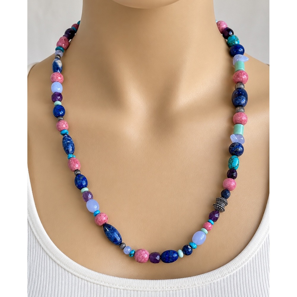Sincerely Southwest Multi Gemstone Beaded Necklace Lapis Turquoise Rhodonite